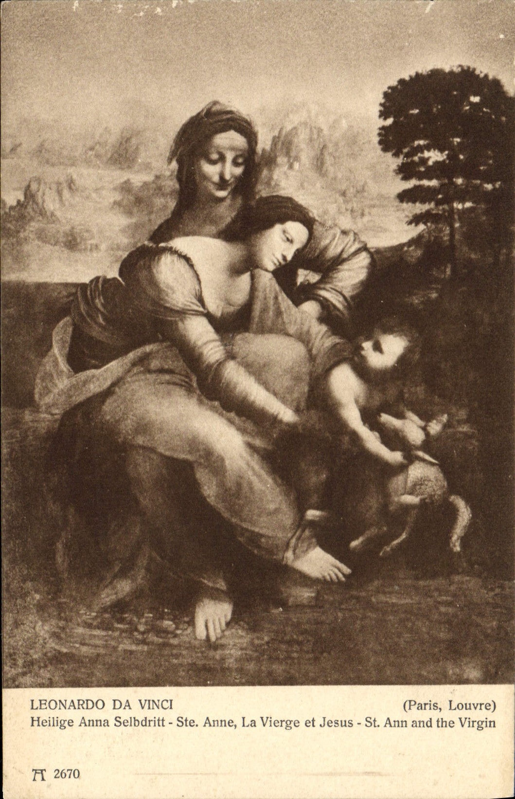 VINTAGE POSTCARD Leonardo Da Vinci Heilige Anna Selbdritt co. Anne the Virgin And Jesus Paris Louvre