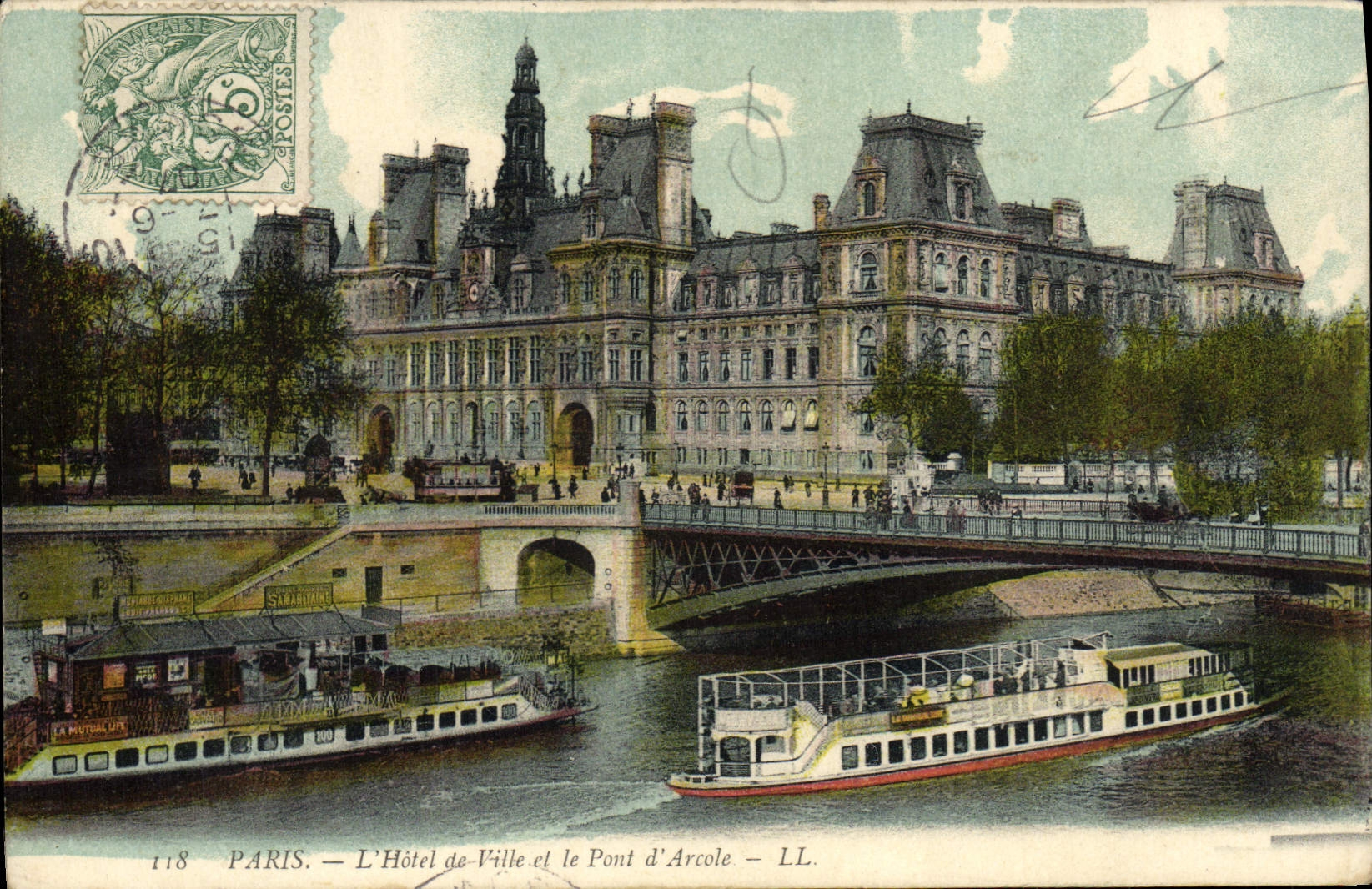 CPA Paris L'Hotel De Ville Et Le Pont D'Arcole Bateau Peniche 