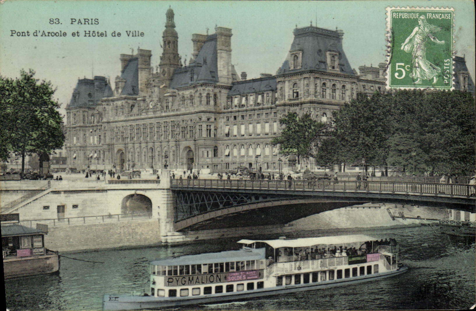 CPA Paris Pont d'Arcole Et Hotel De Ville Bateau Peniche 