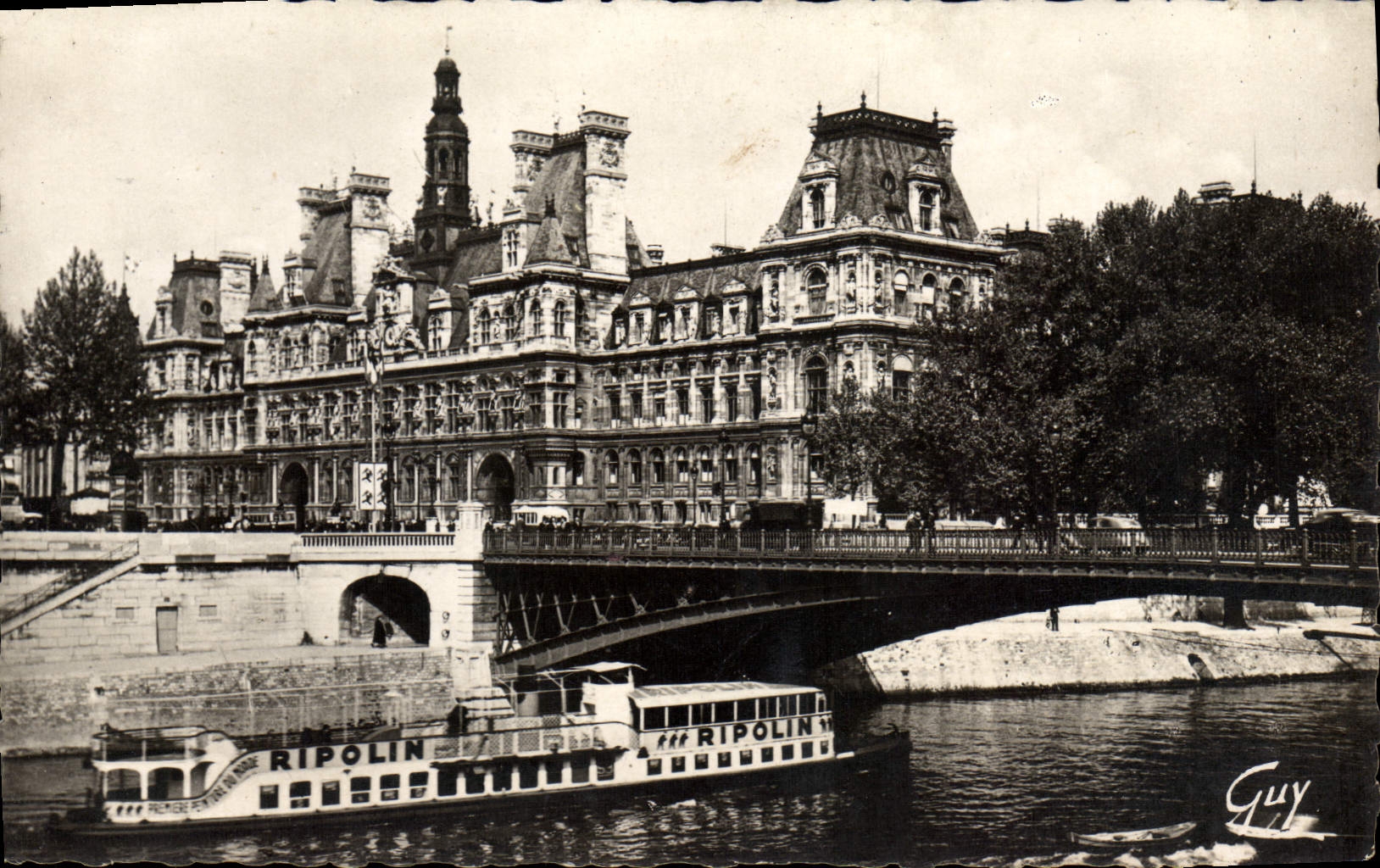 MODERN CARD Paris And Its Wonders the Town hall And the Bridge of Arcole Boat Barge Ripolin Publicity