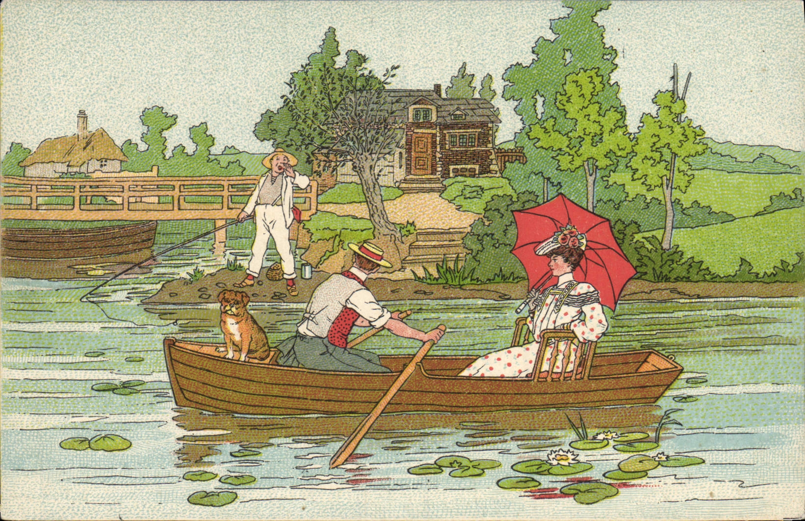 VINTAGE POSTCARD Souvenir Of the Galleries Remoises Femme in Sinning the Chien boat Fishes