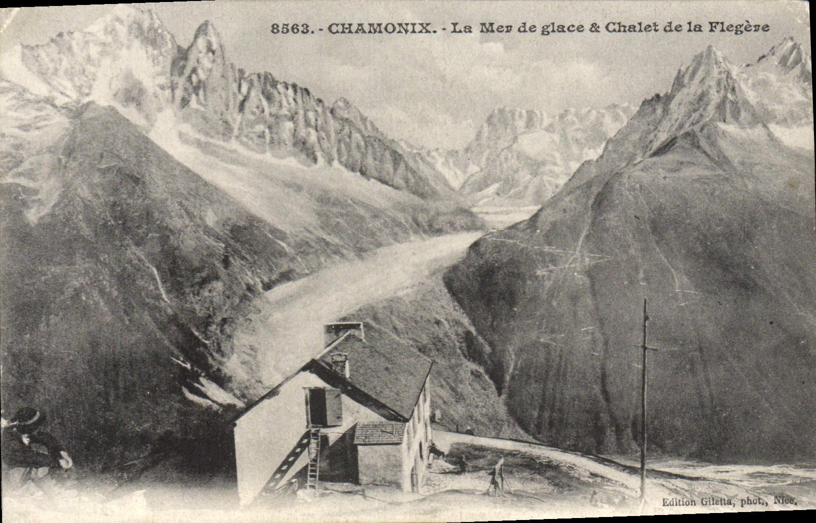 Mar de Chamonix de la POSTAL de la VENDIMIA de la cabaña del país del hielo de Flegere