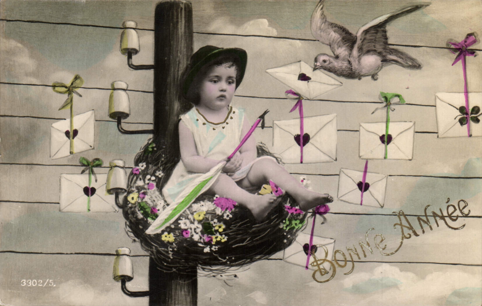 VINTAGE POSTCARD Fantasy Child Telegrapge Dove