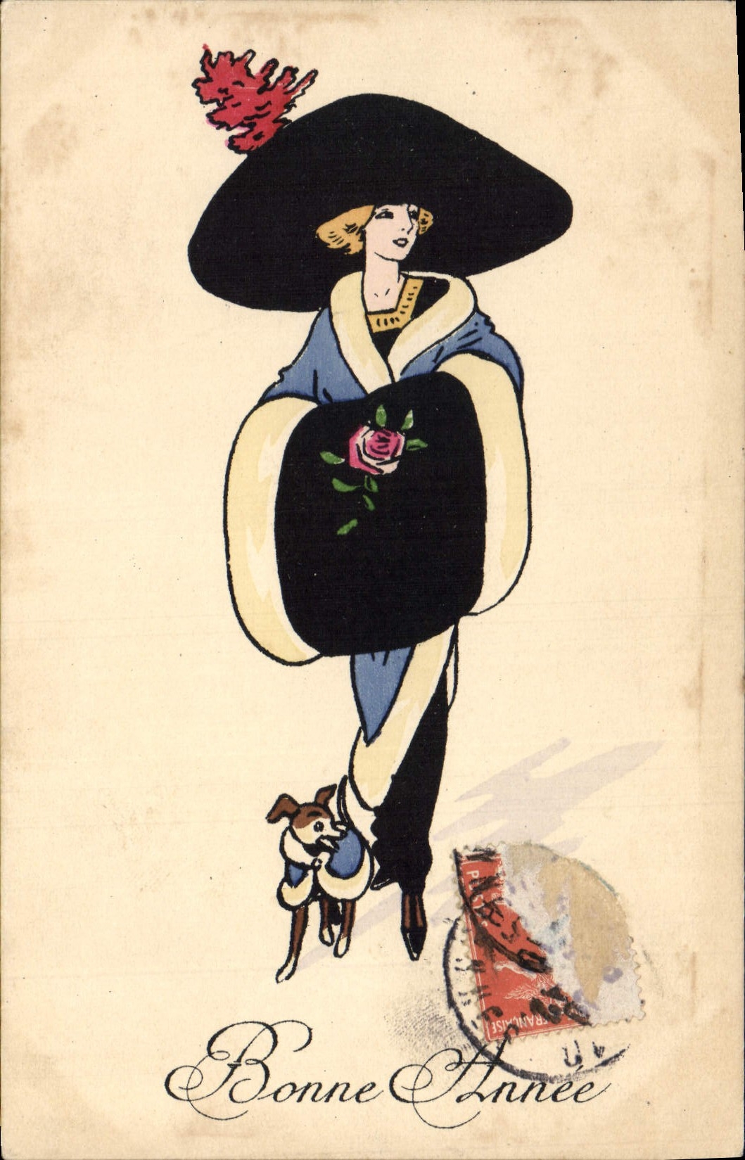 VINTAGE POSTCARD Fantasy Woman Happy New Year Dog