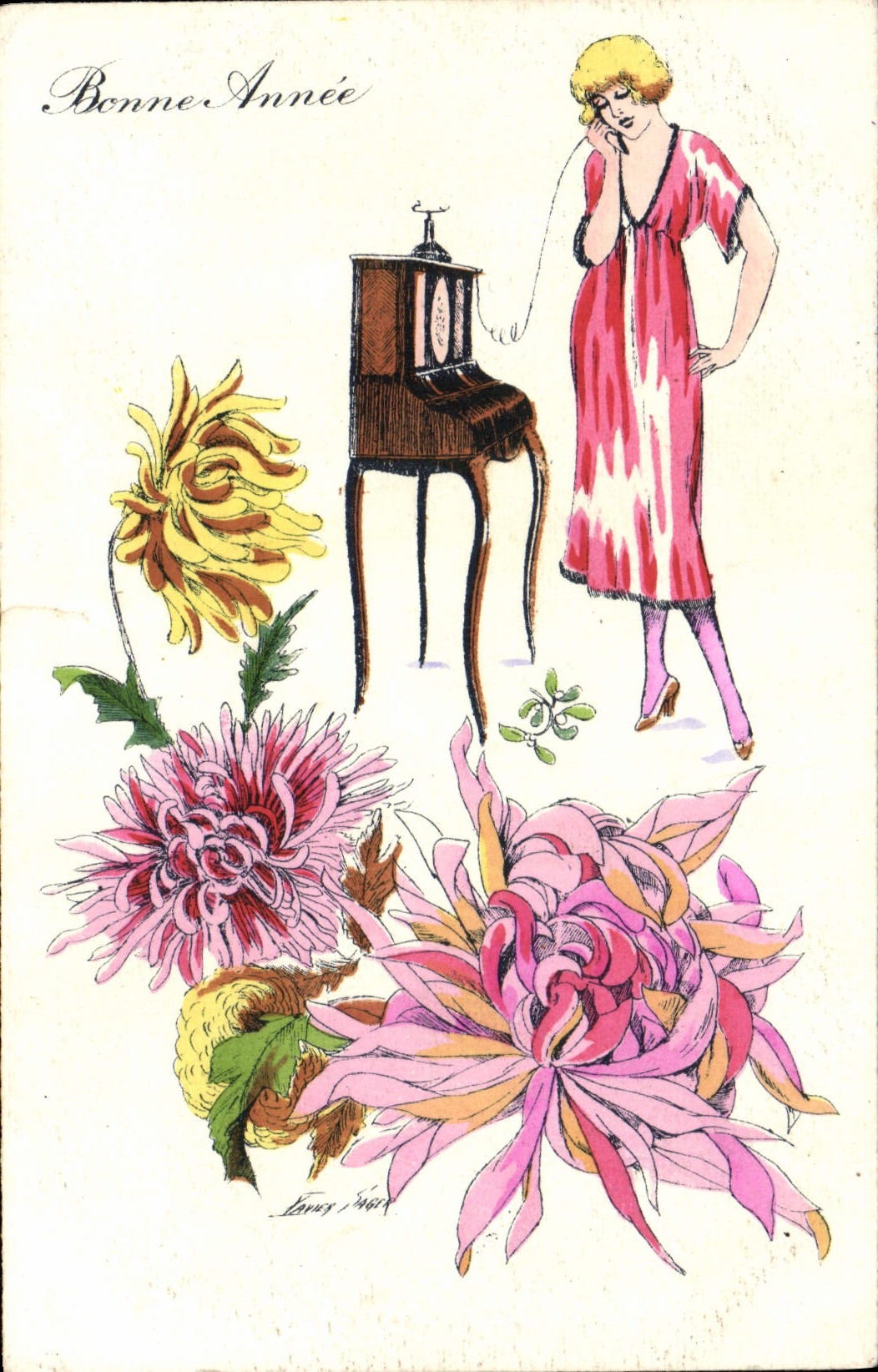 VINTAGE POSTCARD Fantaisie Flowers Woman Telephones