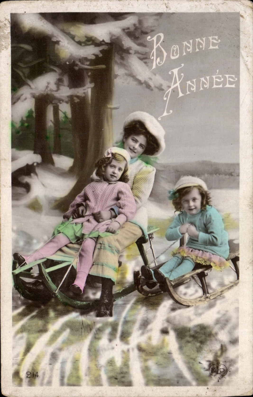 VINTAGE POSTCARD Fantasy Woman Children Toboggan