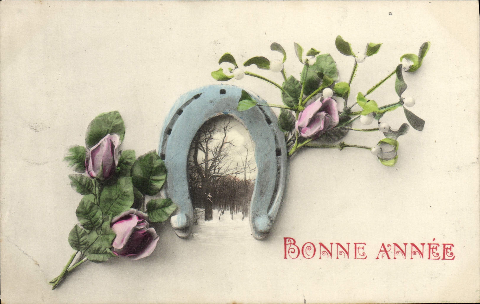 VINTAGE POSTCARD Fantaisie Happy New Year Flowers Horseshoe