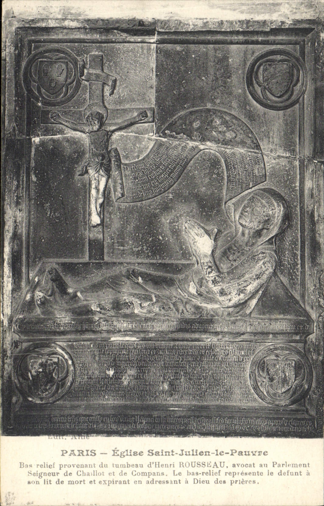 VINTAGE POSTCARD Paris Church Julien Saint Poor Low relief coming from the tomb of Henri Rousseau lawyer at the Parliament