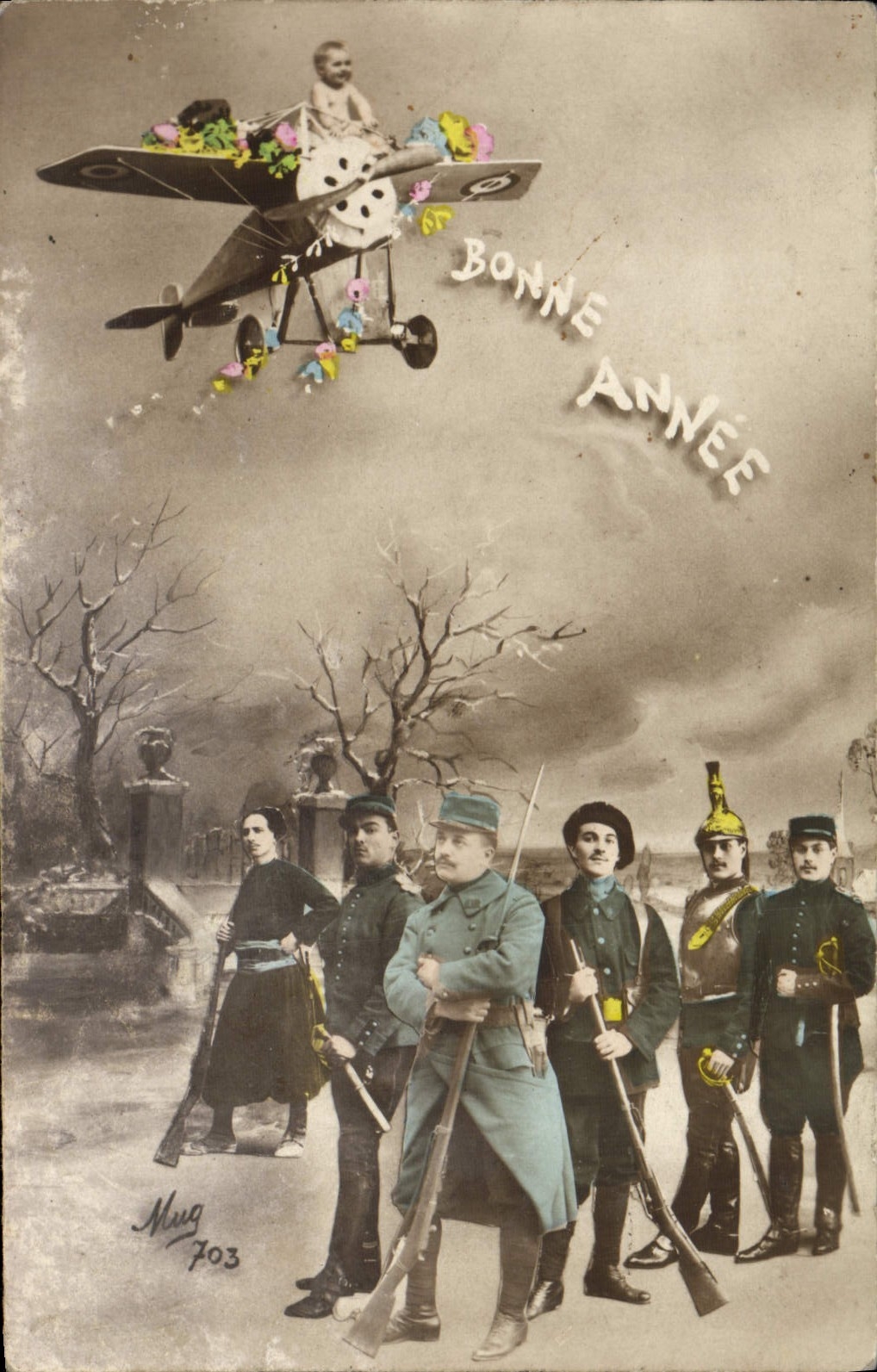 CPA Bonne Annee Soldats Militaria Enfant Avion 