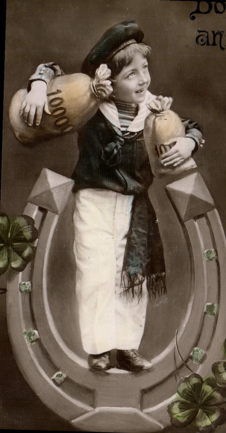 VINTAGE POSTCARD Happy New Year Child Horseshoe Marin