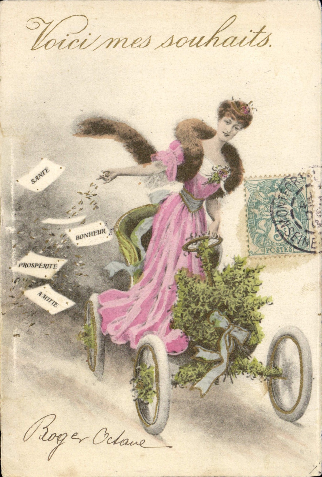 VINTAGE POSTCARD Fantasy Woman Here My Automobome Wishes
