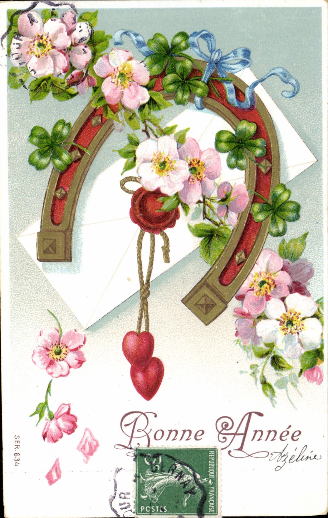 CPA Bonne Annee Fleurs Fer a cheval