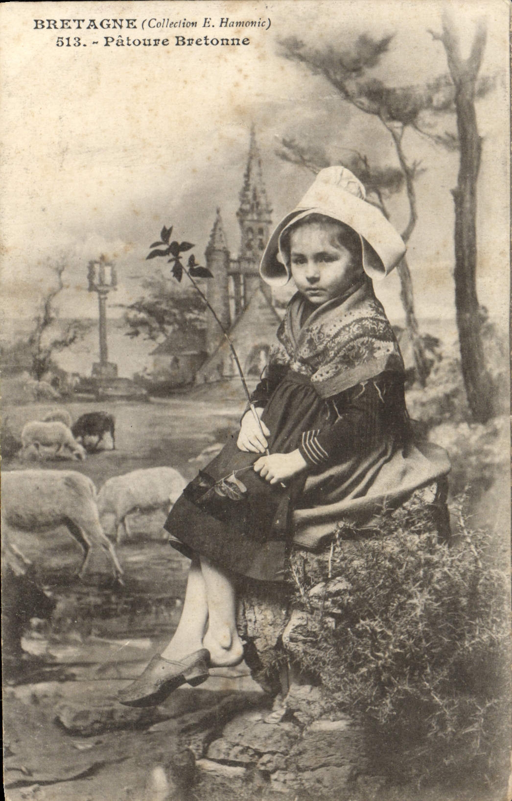 VINTAGE POSTCARD Breton Brittany Patoure Child Folklore Sheep Shepherdess