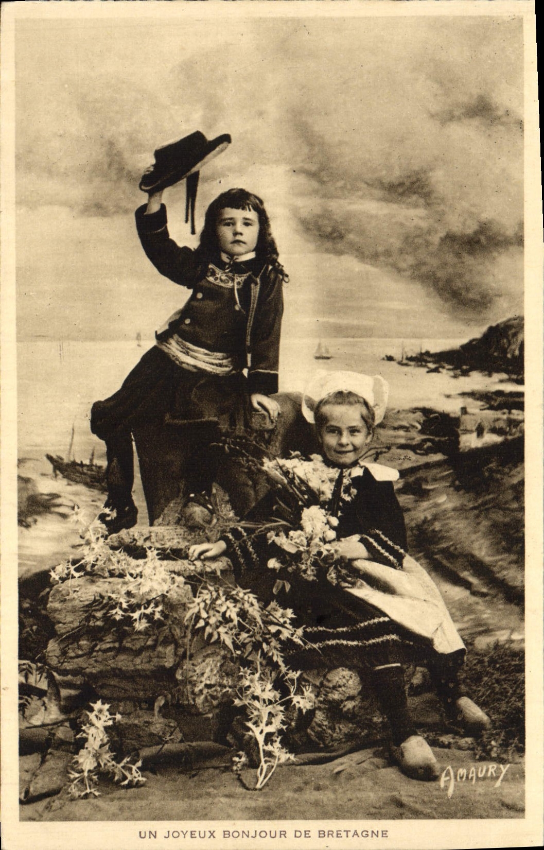 VINTAGE POSTCARD Merry Hello Of Brittany Children Folklore