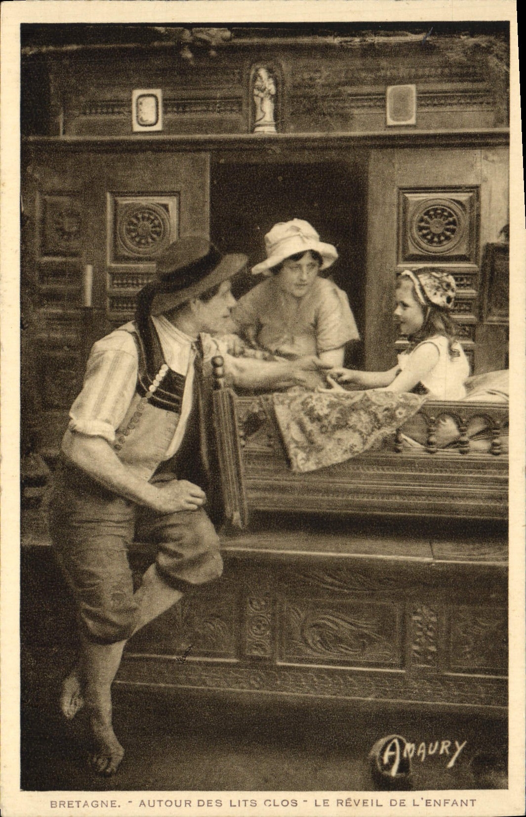 CPA Bretagne Autours Des Lits Clos Le Reveil De L'Enfant Folklore