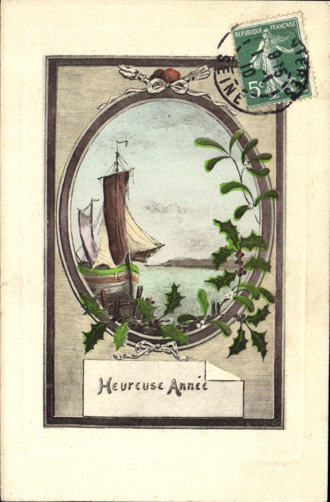 VINTAGE POSTCARD Happy Fantasy year Boat