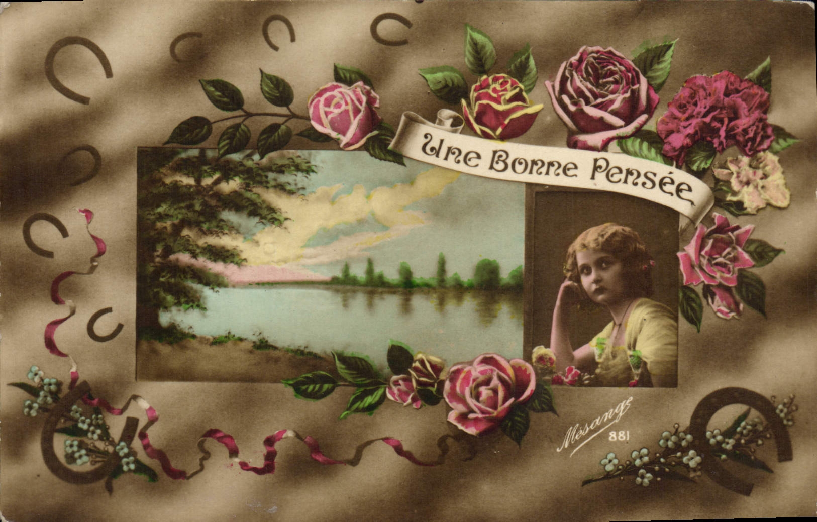 VINTAGE POSTCARD Fantaisie Woman Flowers Horseshoe