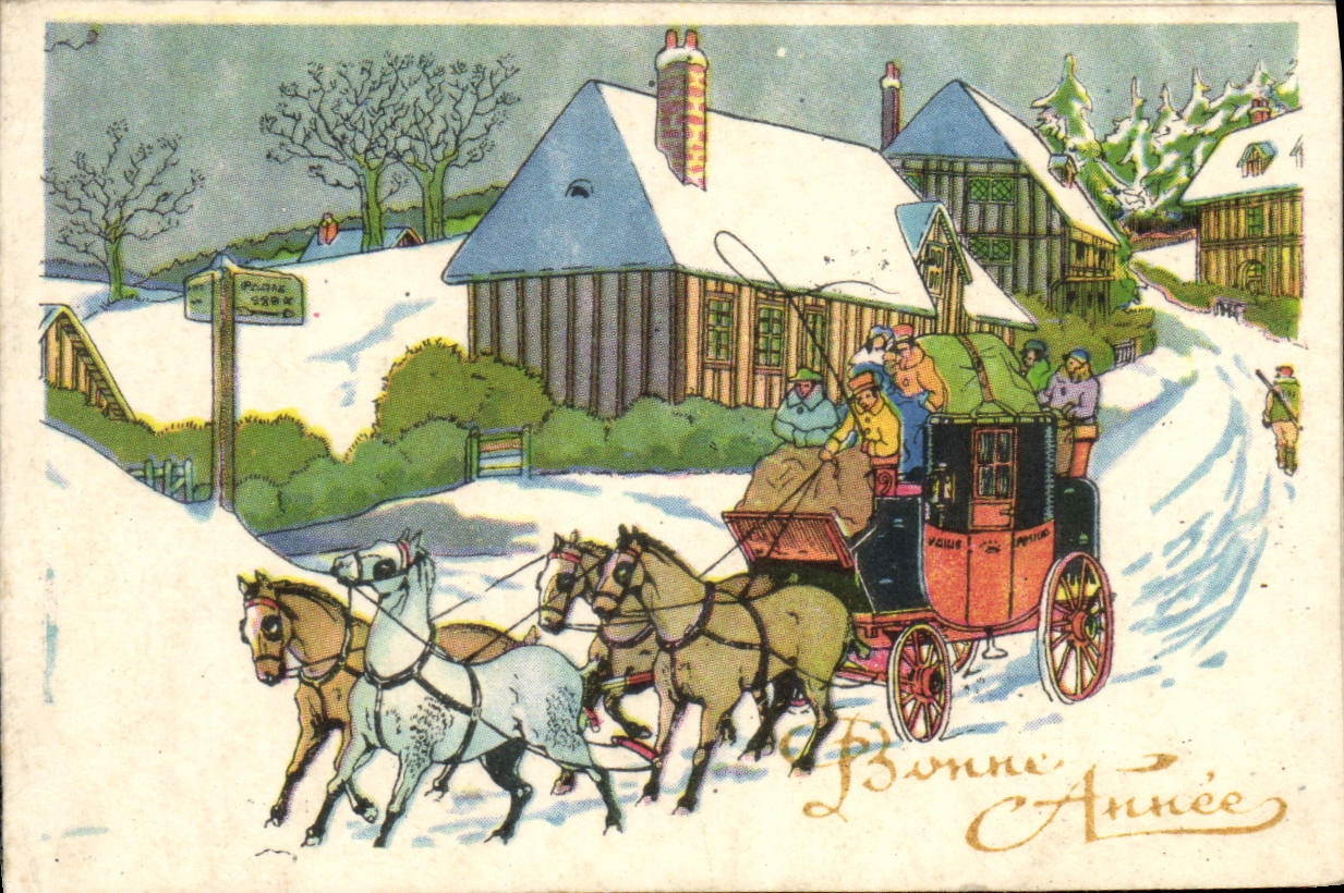 VINTAGE POSTCARD Fantasy Happy New Year Barouche Horses