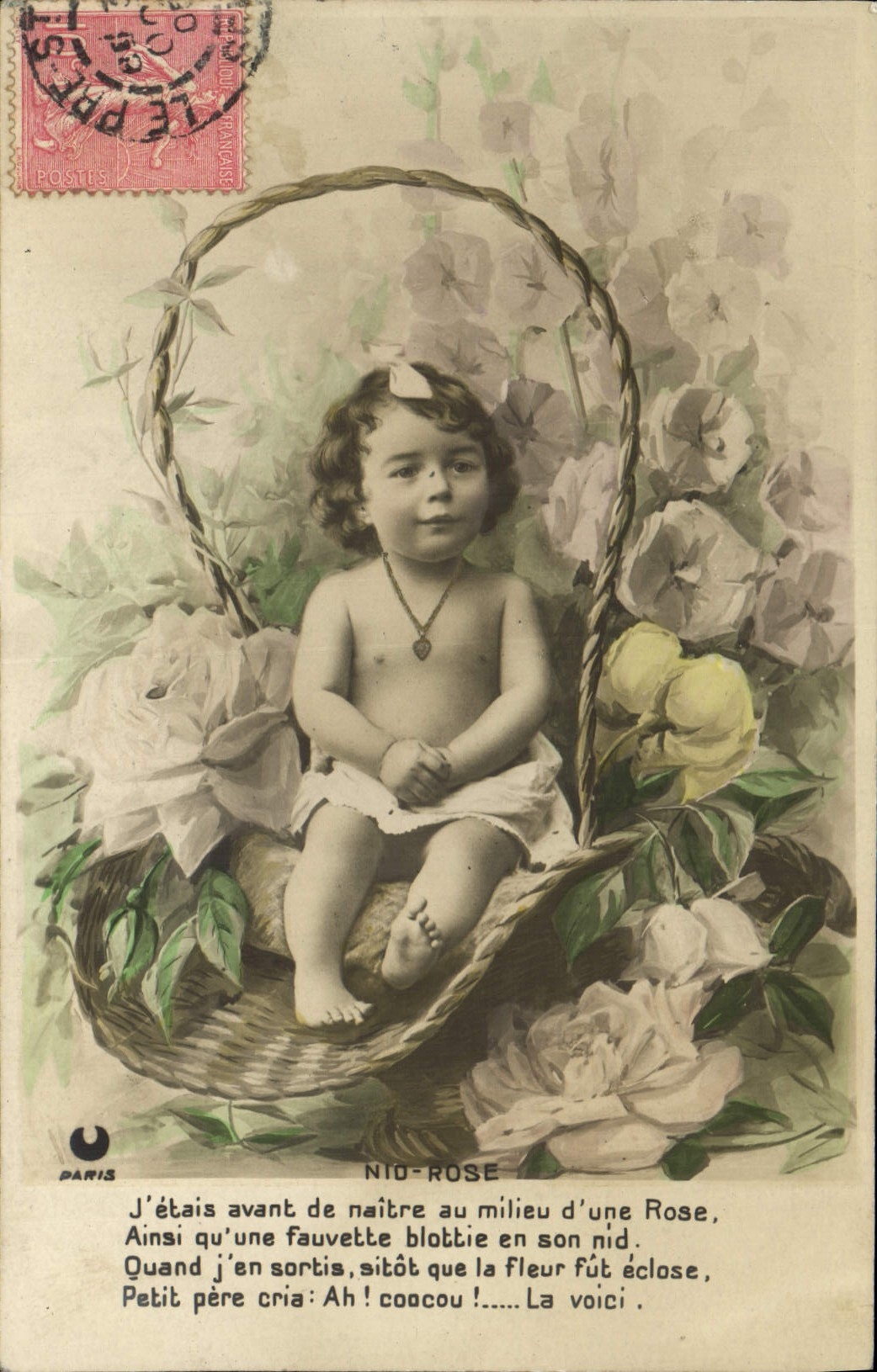 VINTAGE POSTCARD Fantasy Child Nest Pink