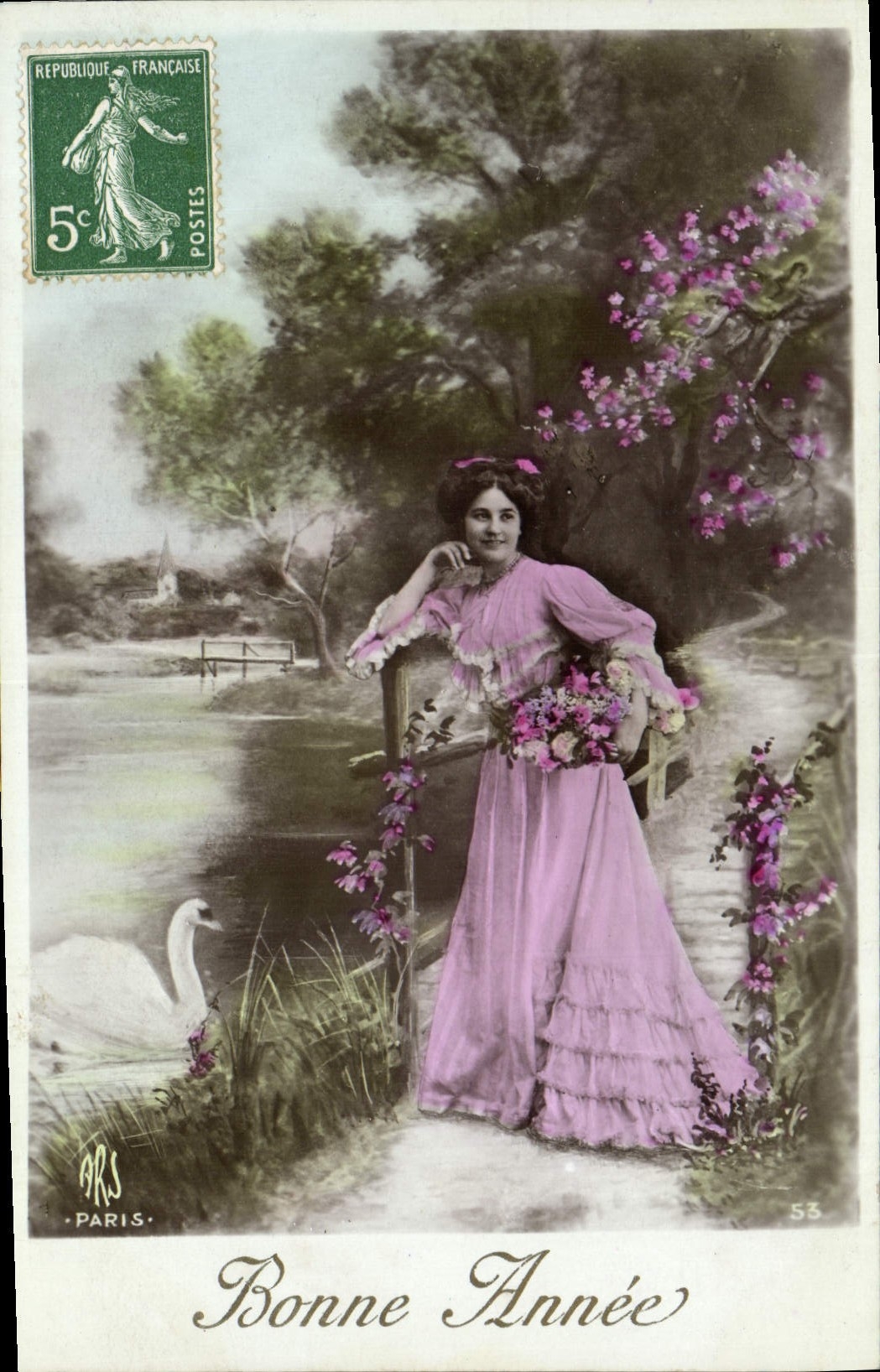 VINTAGE POSTCARD Fantasy Woman Swan Happy New Year