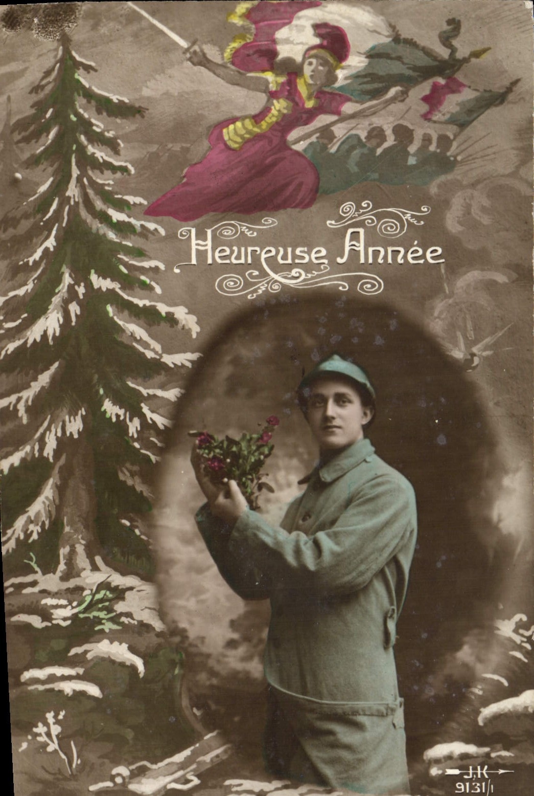 Soldado melenudo Militaria Marianne de la fantasía de la POSTAL de la VENDIMIA