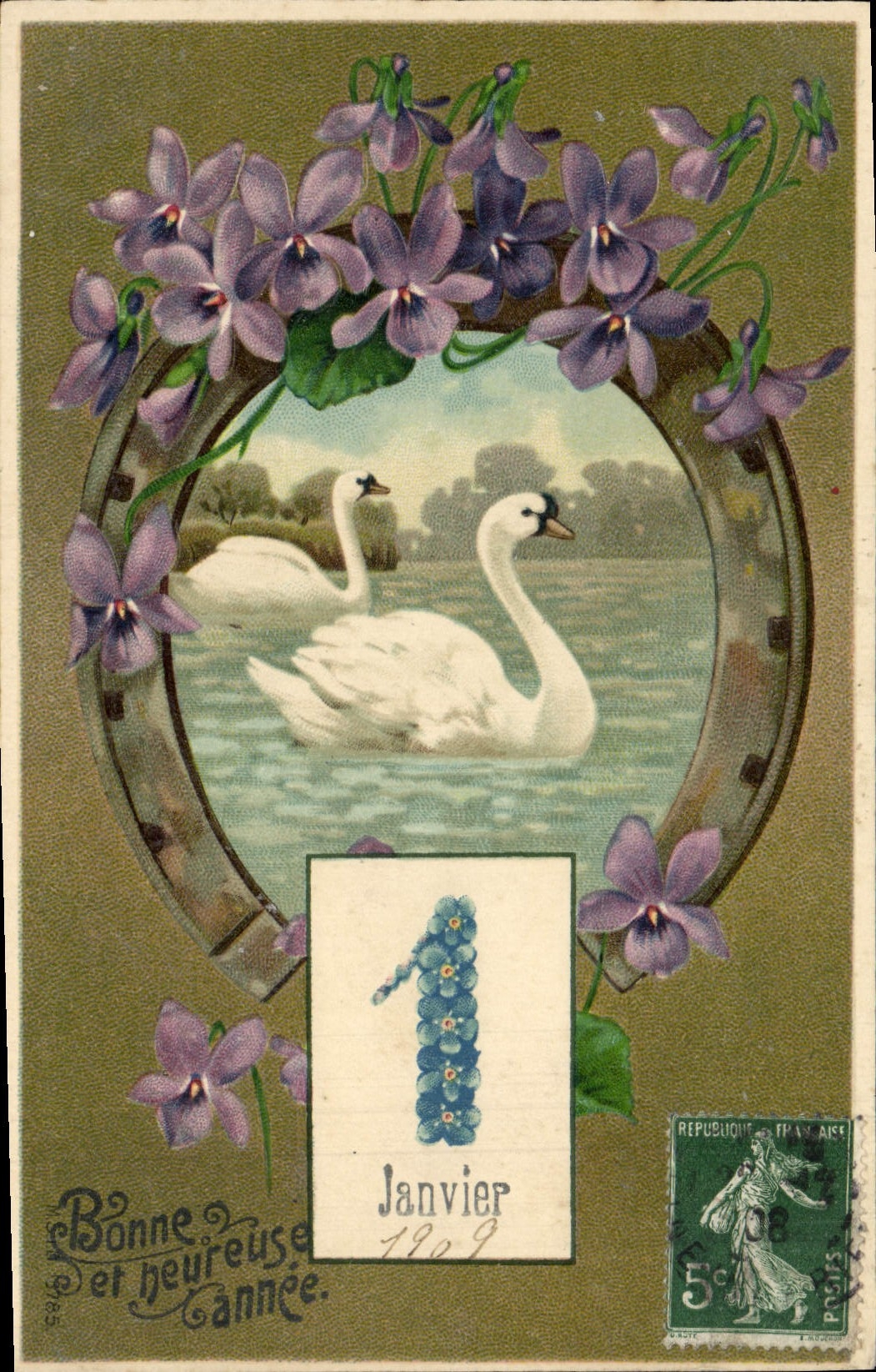 VINTAGE POSTCARD Fantaisie Flowers Swans Swan Horseshoe Bonne And Happy Year