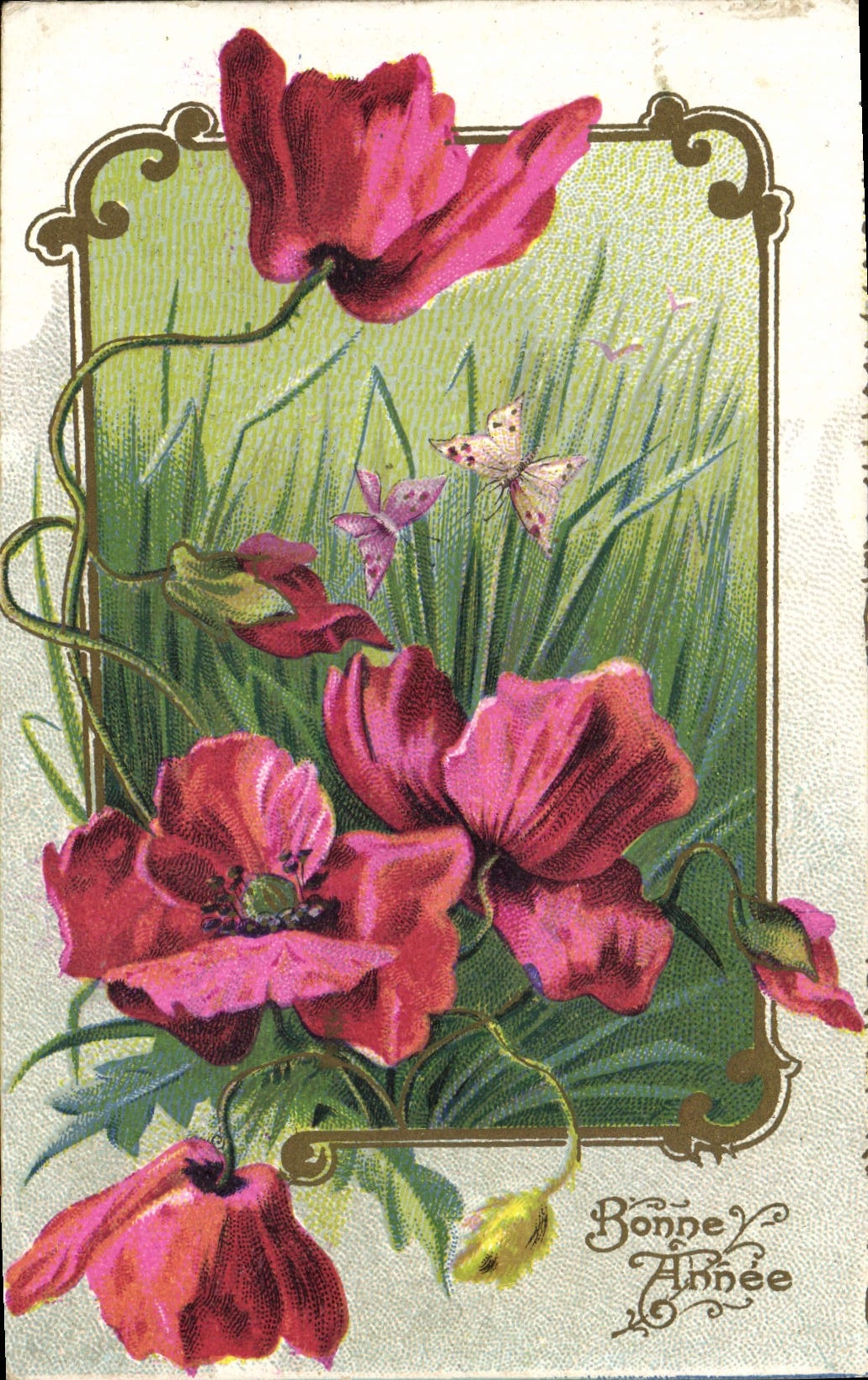 VINTAGE POSTCARD Fantasy Flowers Happy New Year Butterflies