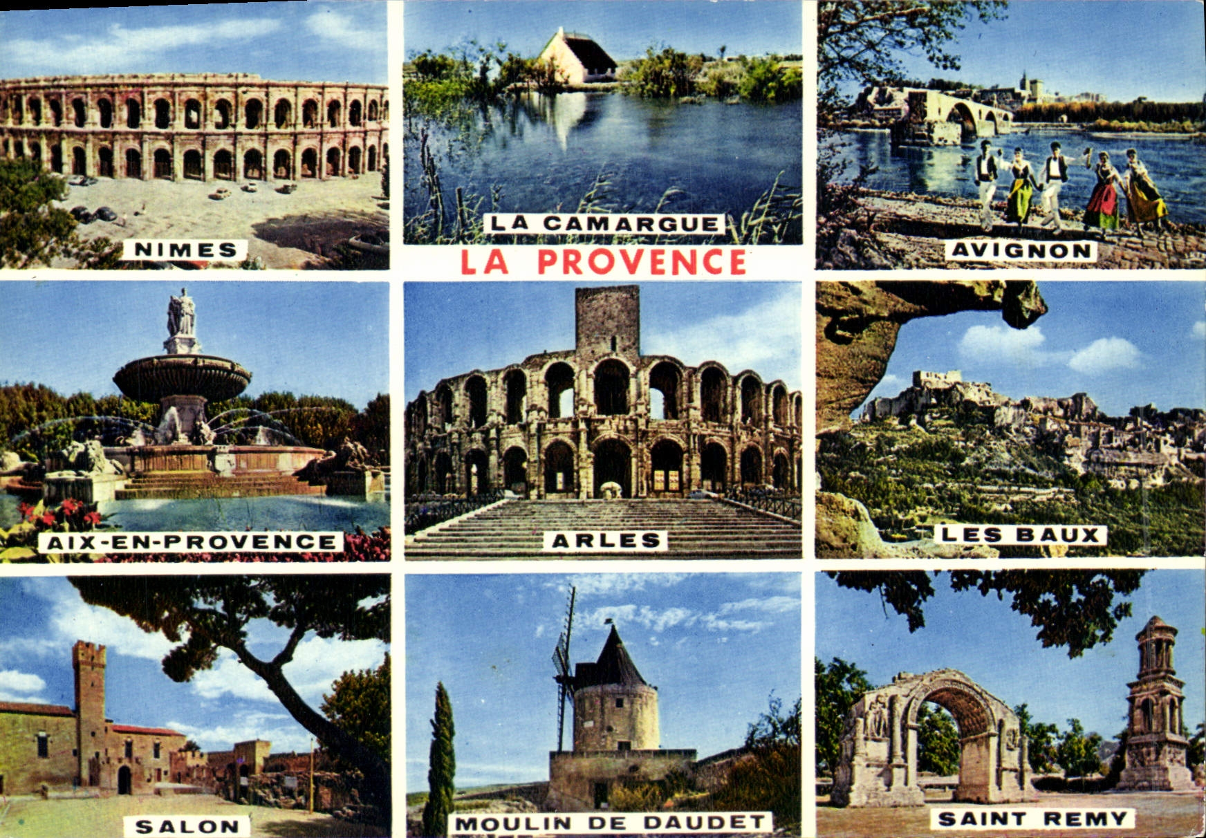 CPM La Provence Nimes Camargue Avignon Aix en Provence Arles Les Baux Salon Moulin de Daudet