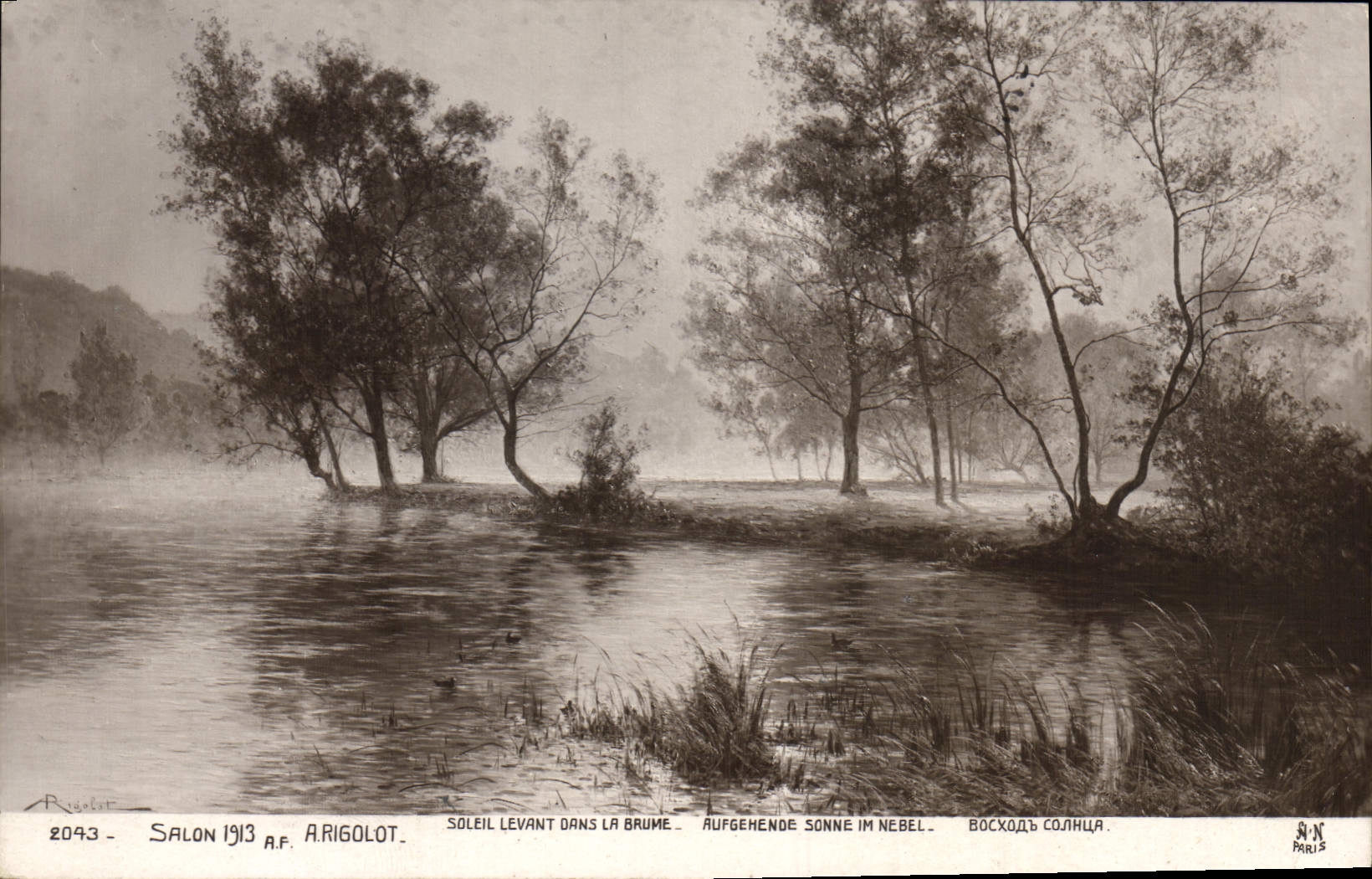 VINTAGE POSTCARD Fantaisie Living room 1913 has Rigolot Rising sun in the fog