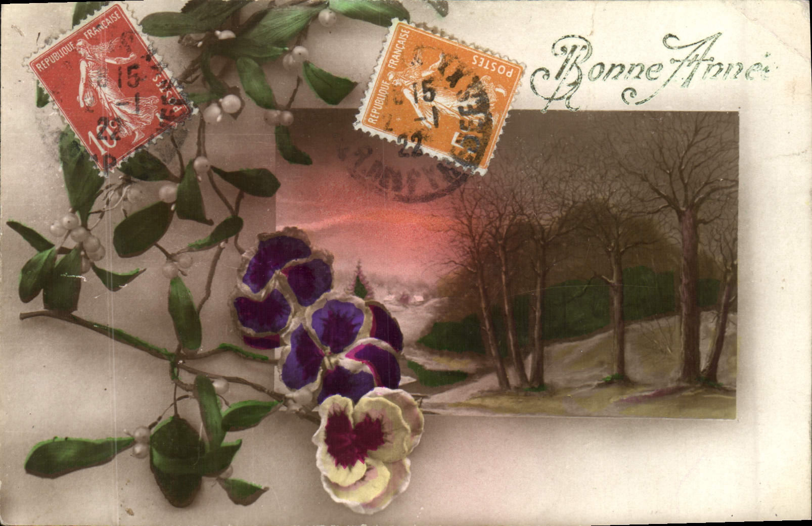 VINTAGE POSTCARD Fantasie Happy New Year Flowers