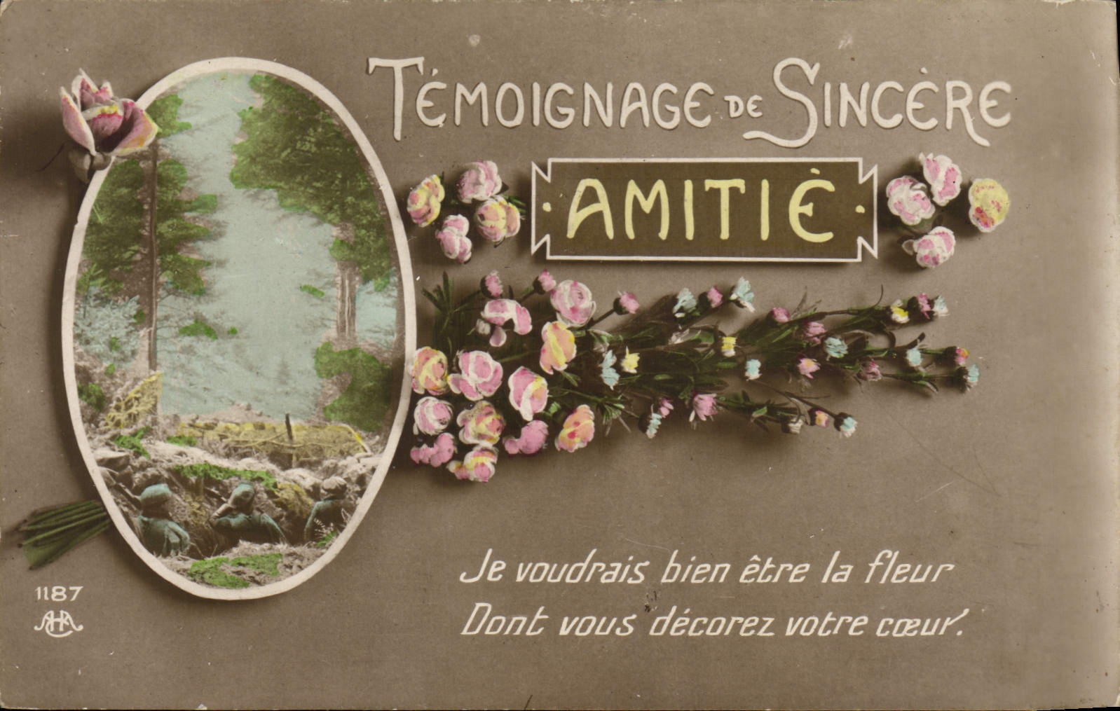 VINTAGE POSTCARD Testimony Of Sincere Friendship Flowers