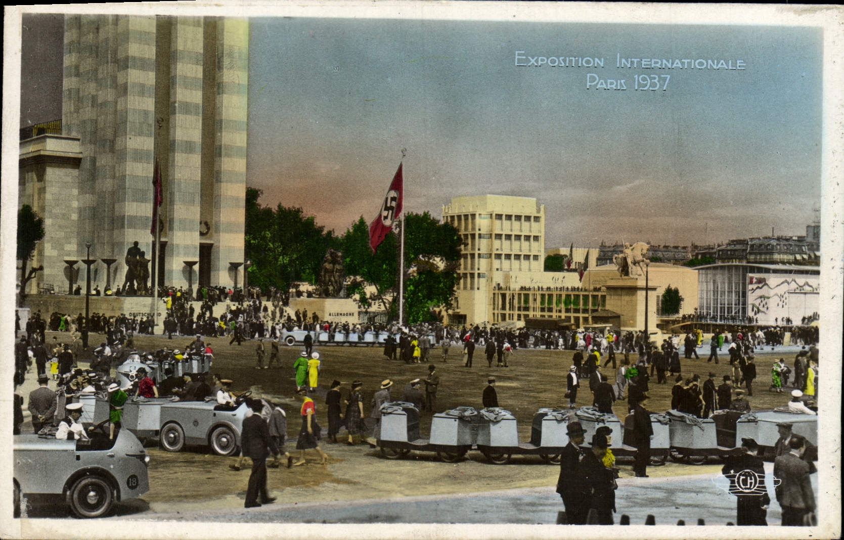 VINTAGE POSTCARD International exhibition Paris 1937 View place of Warsaw Train Flag Nazi Poland Polska