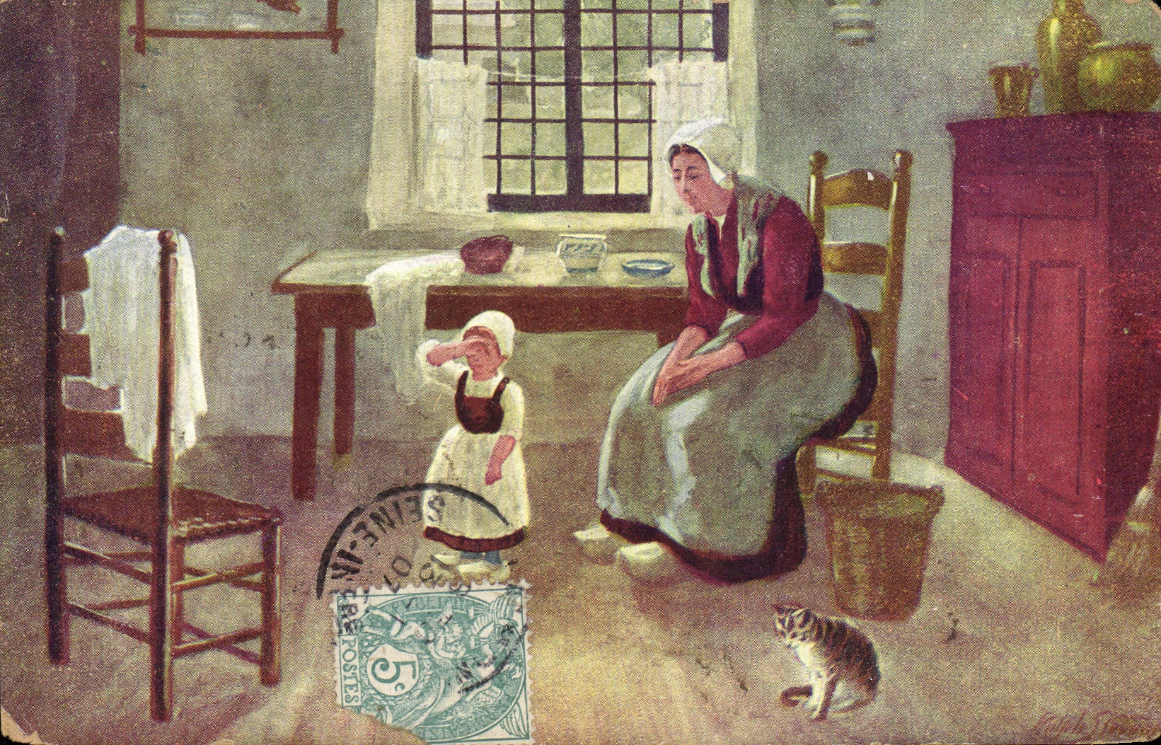 CPA Fantaisie Femme Enfant Chat