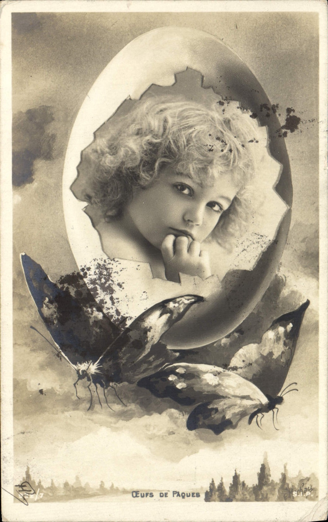 VINTAGE POSTCARD Easter eggs Child Butterflies