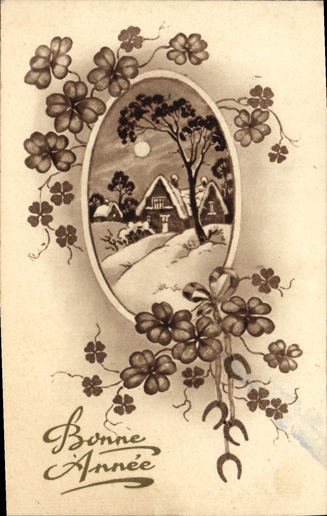 VINTAGE POSTCARD Fantaisie Clover Horseshoe Happy New Year