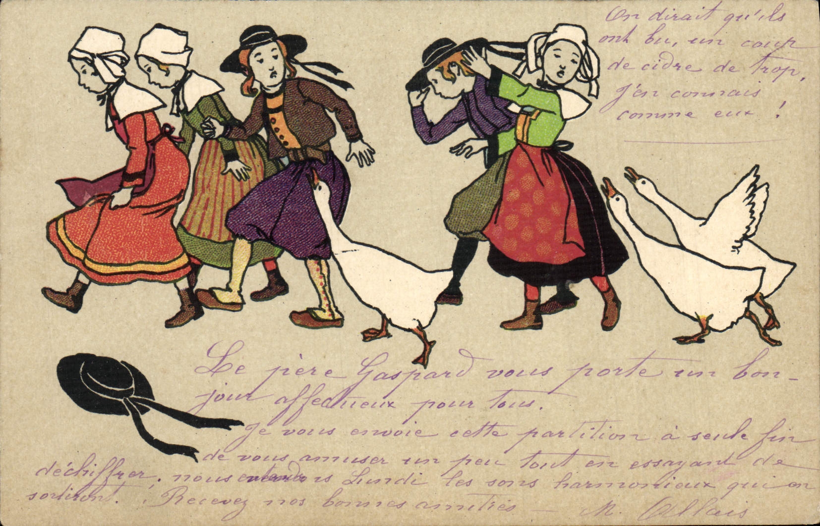 CPA Fantaisie Folklore Bretagne Oies Illustrateur