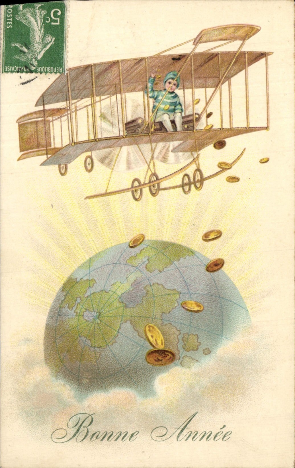 VINTAGE POSTCARD Happy New Year Child Plane