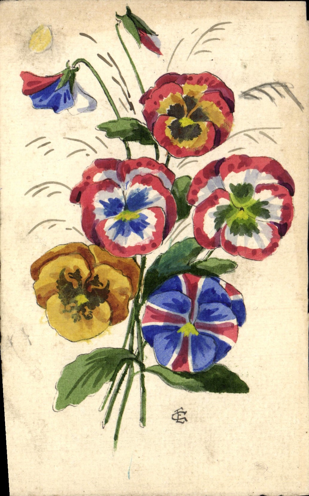 VINTAGE POSTCARD Fantasy Flags Flowers