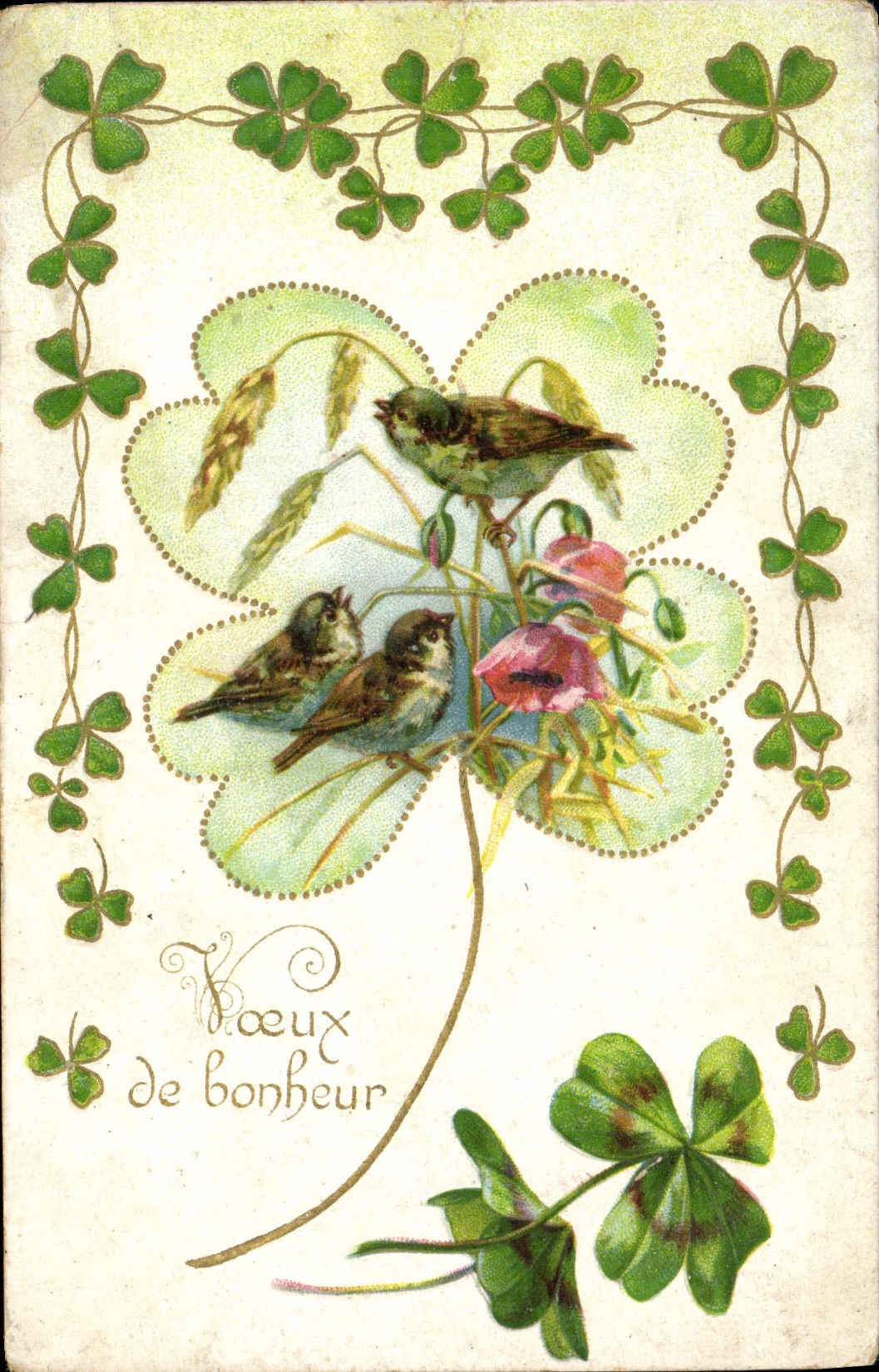 VINTAGE POSTCARD Wishes Of happiness Flowers Birds