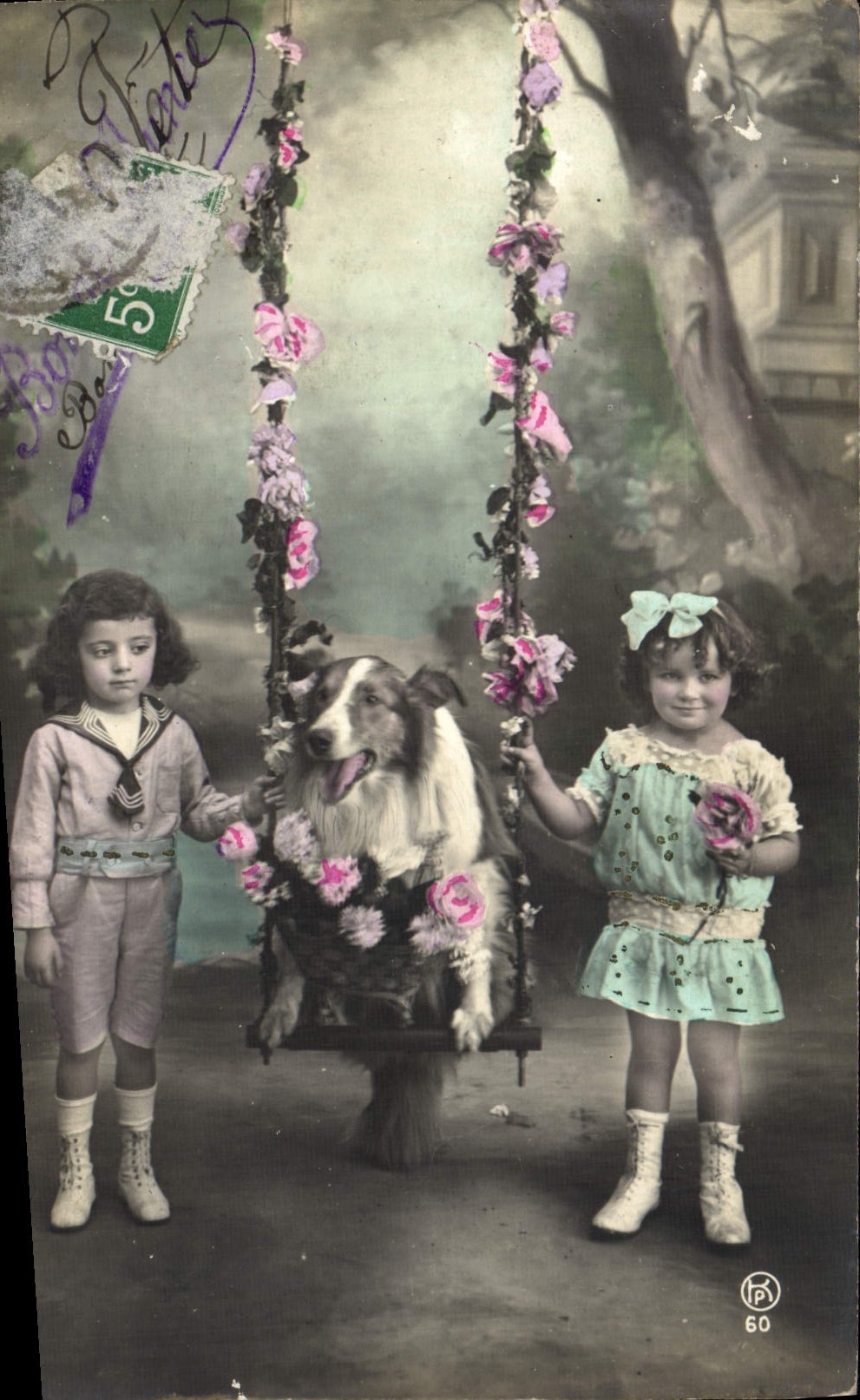 VINTAGE POSTCARD Fantasy Children Happy New Year Dog