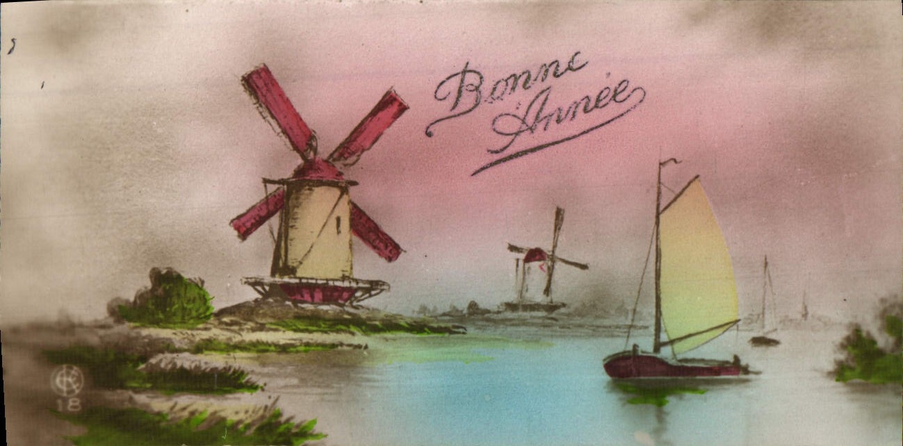 VINTAGE POSTCARD Fantasy Happy New Year Windmill Boat