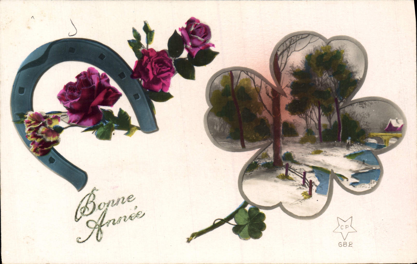 CPA Fantaisie Fleurs Fer a cheval