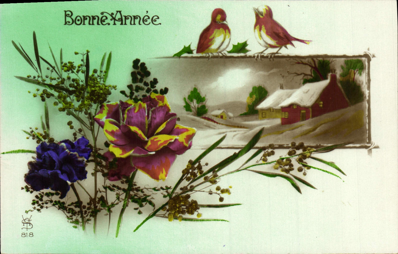 VINTAGE POSTCARD Fantasy Flowers Bird Happy New Year
