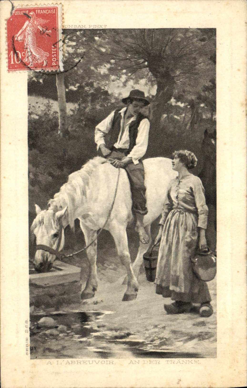 VINTAGE POSTCARD With the feeding trough Horse
