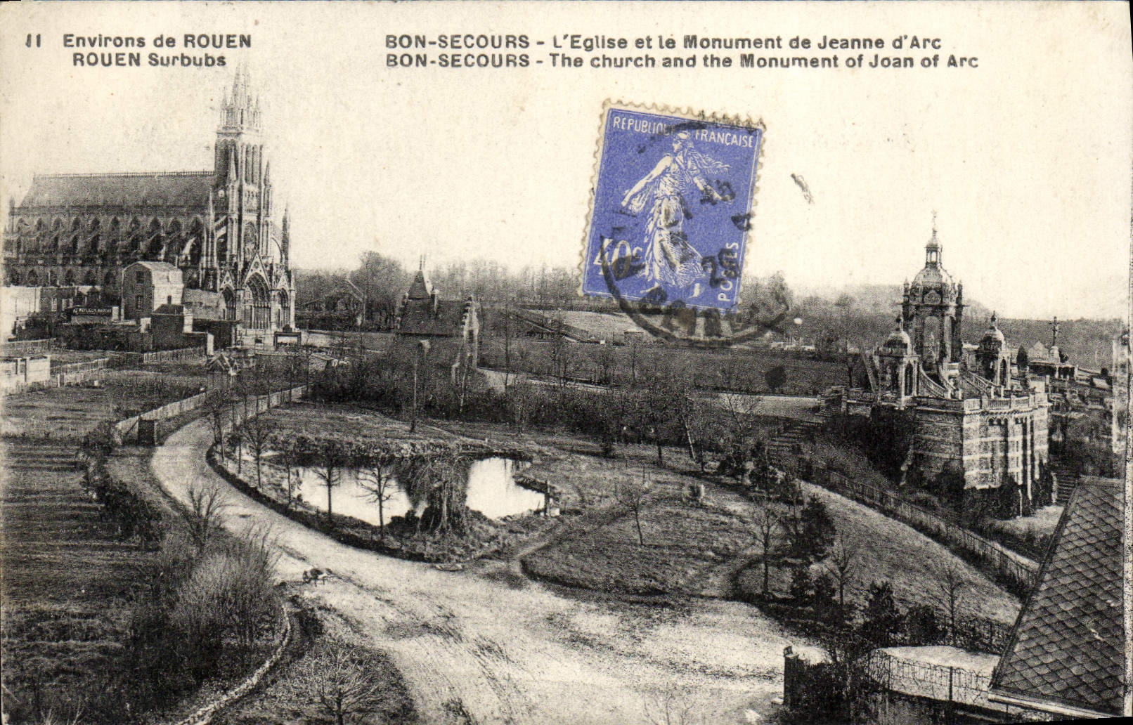 CPA Environs De Rouen Rouen Surbubs Bon Secours L'Eglise Et Le Monument De Jeanne d'Arc