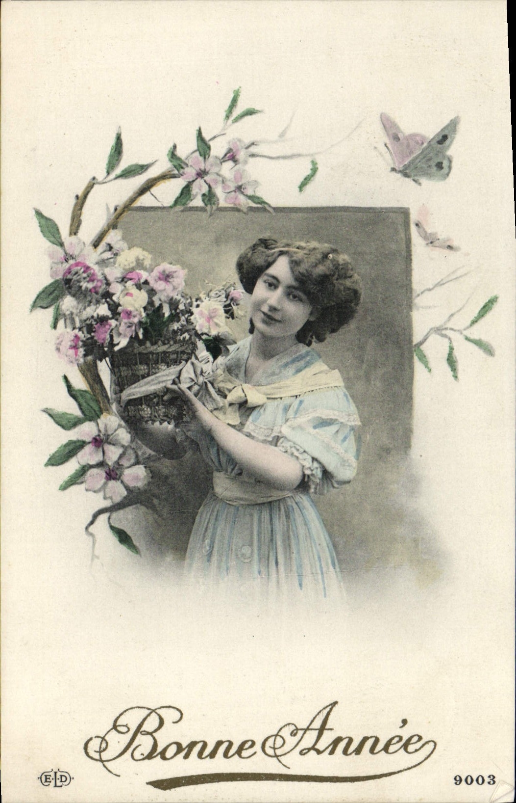 VINTAGE POSTCARD Happy New Year Woman Butterfly