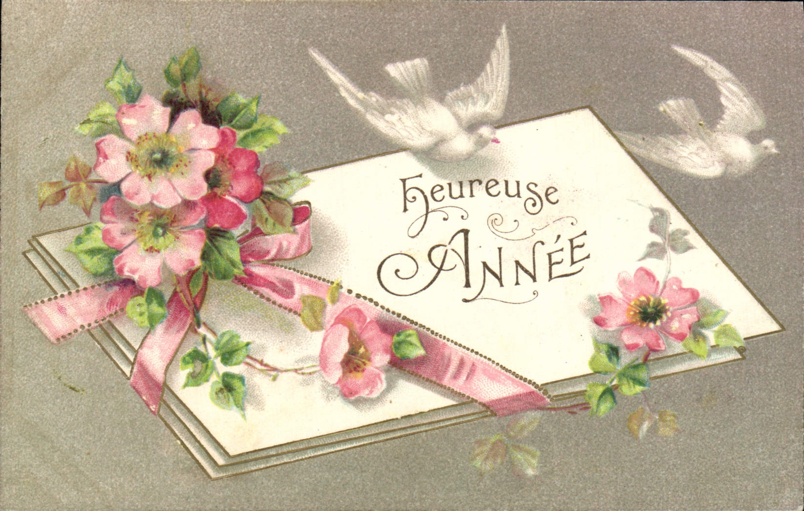 VINTAGE POSTCARD Happy Fantasy Year Doves Flowers