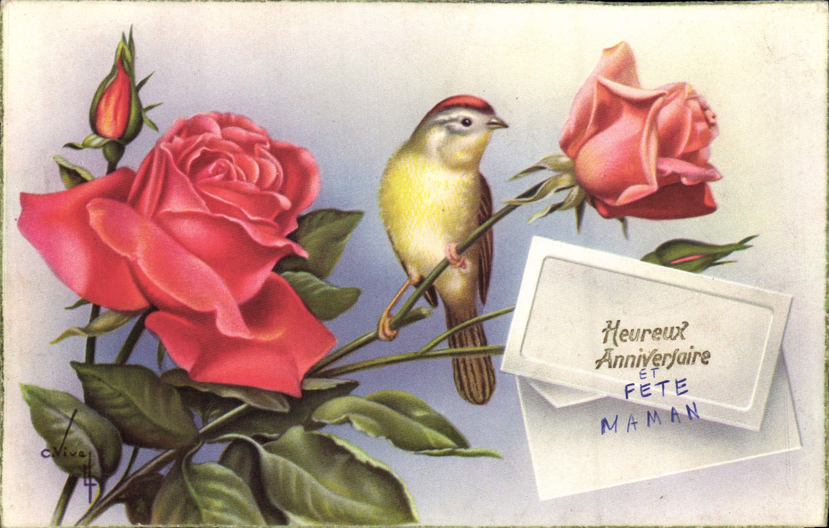 CPA Fantaisie Fleurs Oiseau