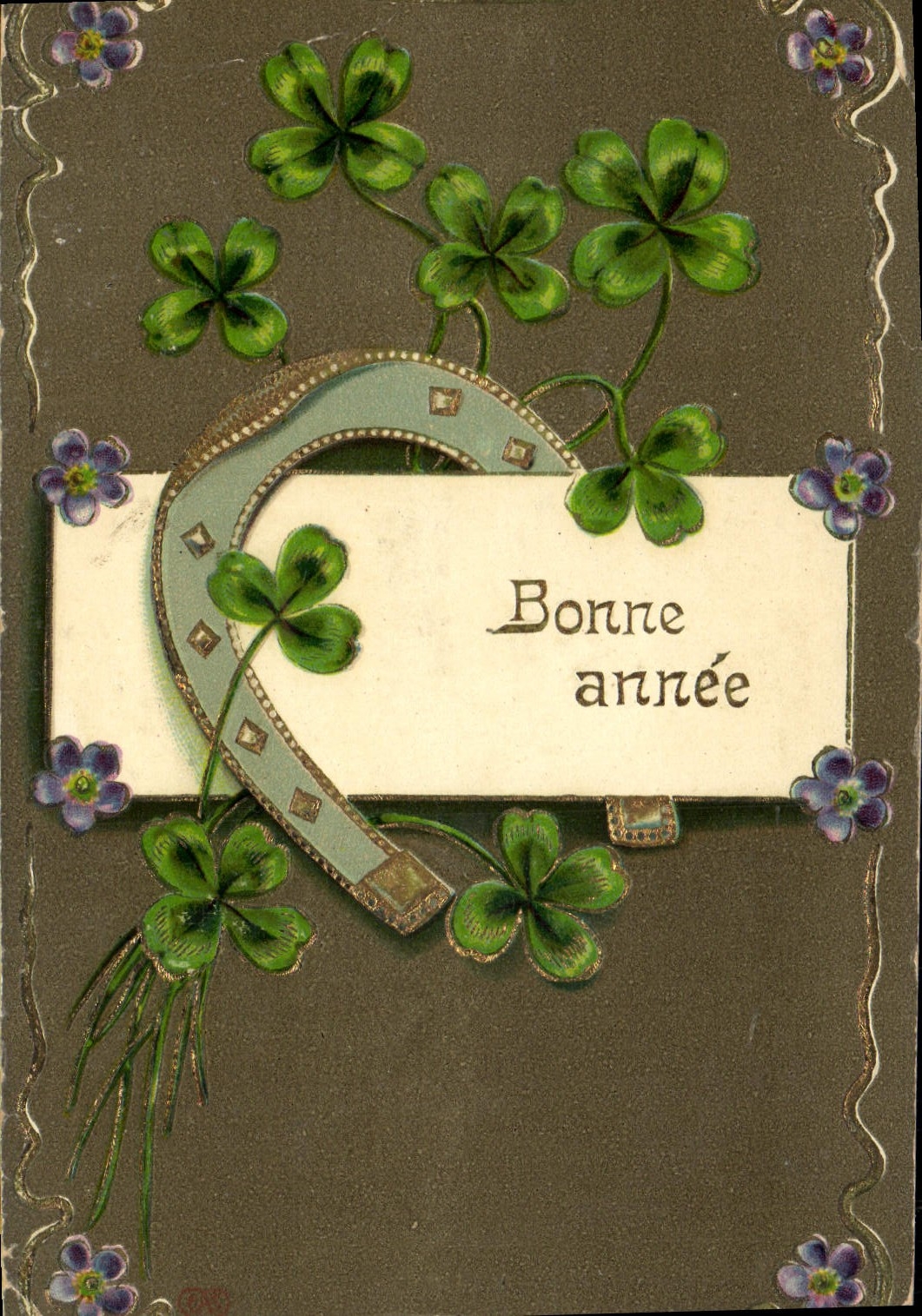 CPA Fantaisie Fleurs Trefles Fer a cheval