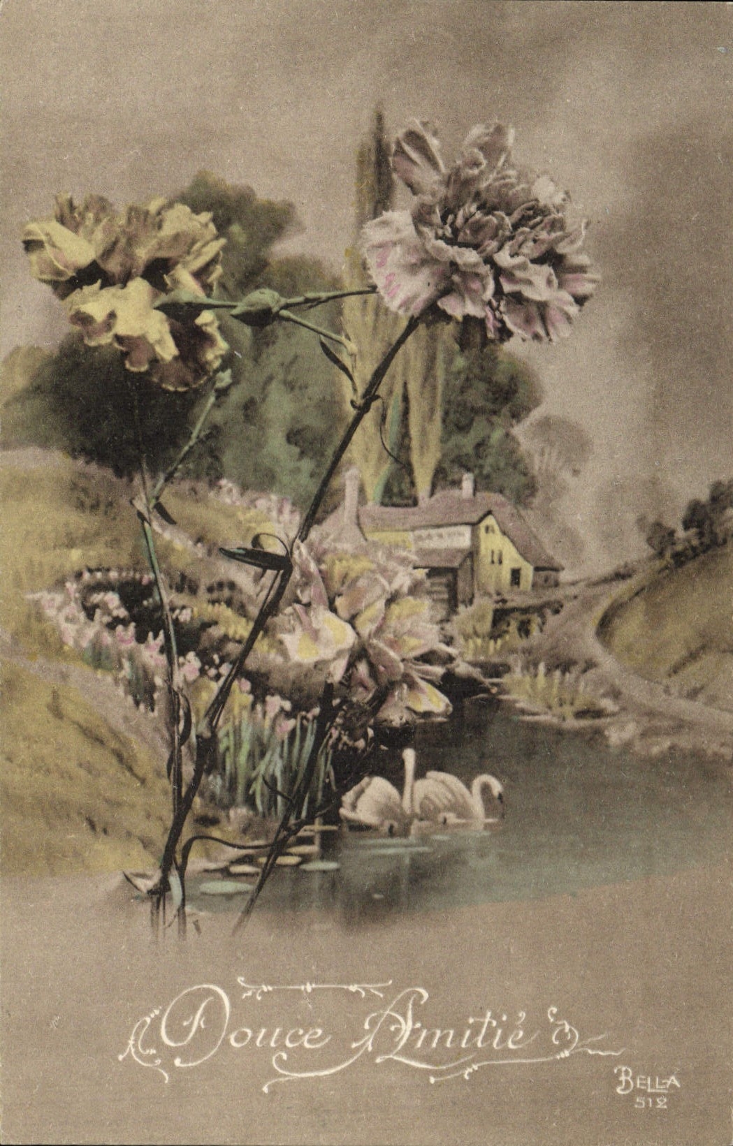 VINTAGE POSTCARD Fantasy Flowers Swans Swan